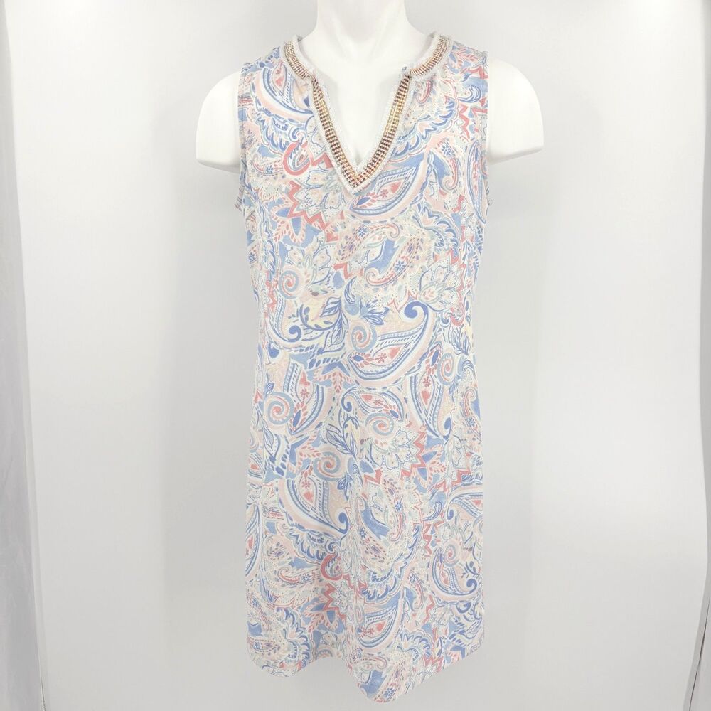 Laundry Shelli Segal Paisley Shift Dress 14 Pastel Fairy Boho Fringe Knee Length